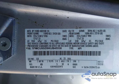 2019 Ford Escape Se из США, поврежденный, VIN 1FMCU0GD9KUB45538